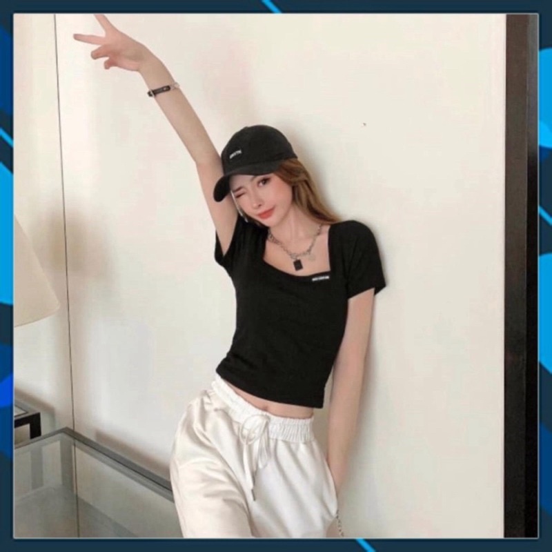 Áo croptop logo cổ vuông tay ngắn chất thun gân phong cách Hàn Quốc dễ thương, áo croptop xinh | BigBuy360 - bigbuy360.vn