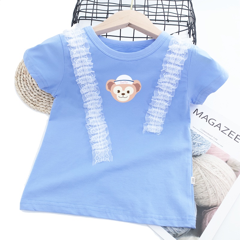 Áo Thun Cotton Cổ Tròn Phối Ren Họa Tiết Hoạt Hình StellaLou Nhiều Màu Sắc Dành Cho Nữ