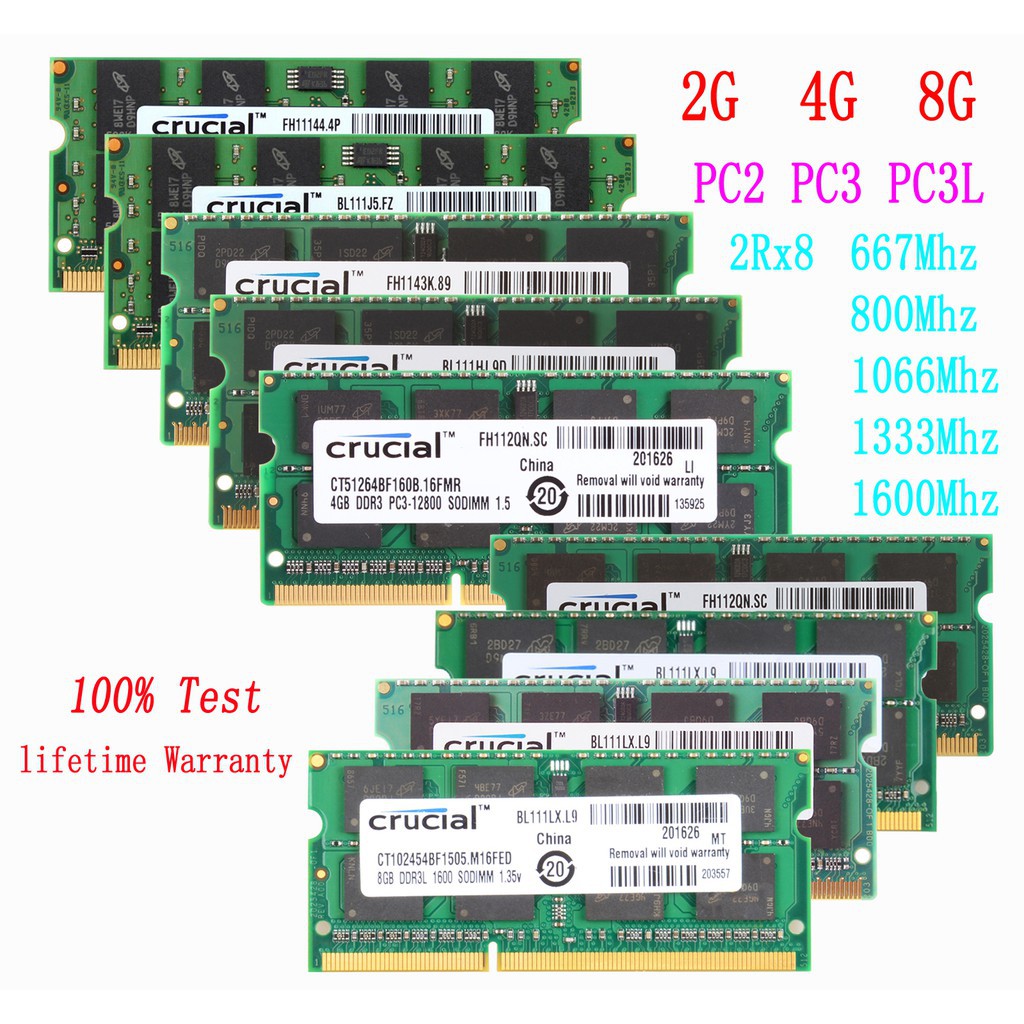 Crucial 2G 4G 8G PC2 PC3 PC3L 5300 6400 8500 10600 12800 DDR2 DDR3 DDR3L 667Mhz 800Mhz 1066Mhz 1333Mhz 1600Mhz DIMM Bộ Nhớ RAM Laptop