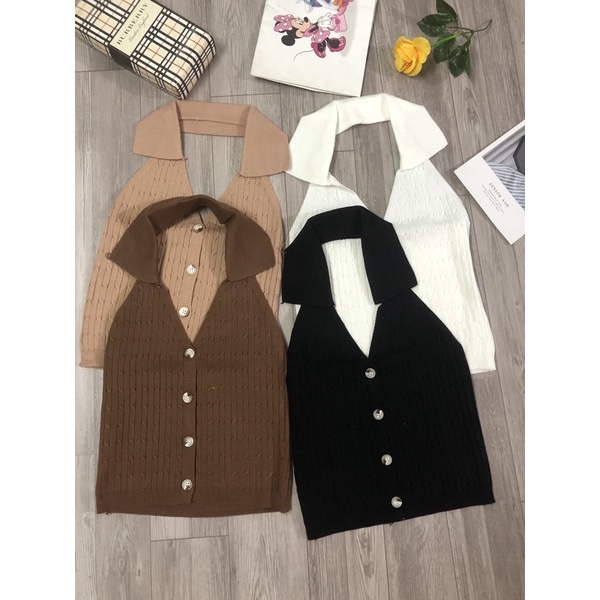 Áo len ba lỗ kiểu yếm cổ đức cài khuy croptop hàng QC