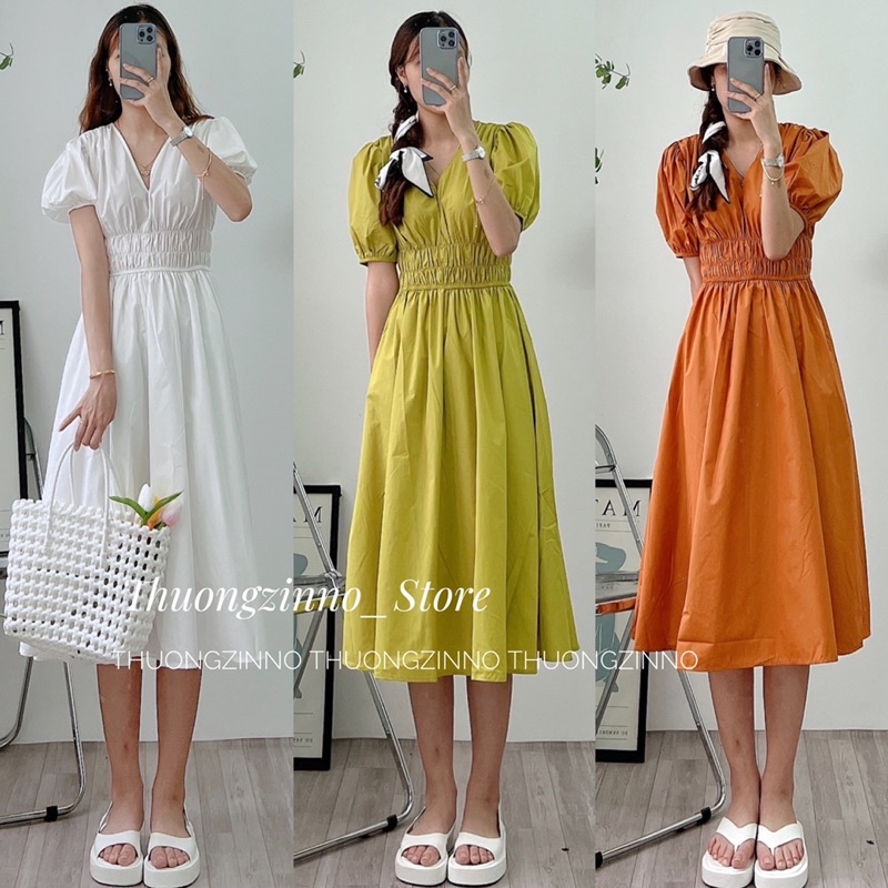 [Ảnh thật/Video]Váy Thô chun eo Mới về thiết kế cổ V dáng dài bo chun eo tôn dáng Đầm maxi Hàn Quốc đẹp nhẹ nhàng