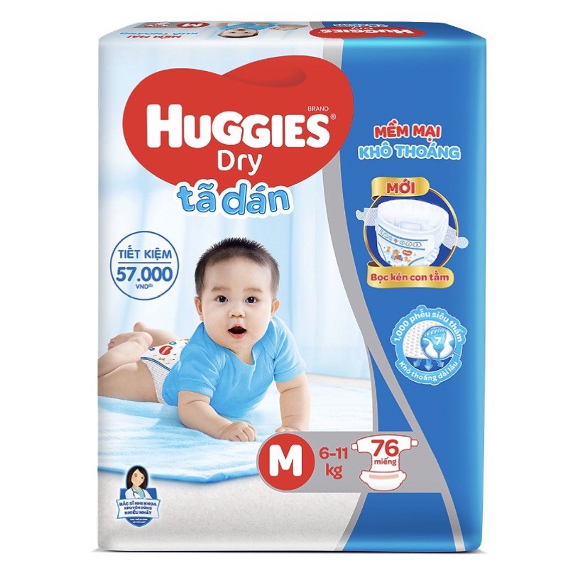 Tã dán Huggies Dry Super Jumbo M76 / L68 / XL62