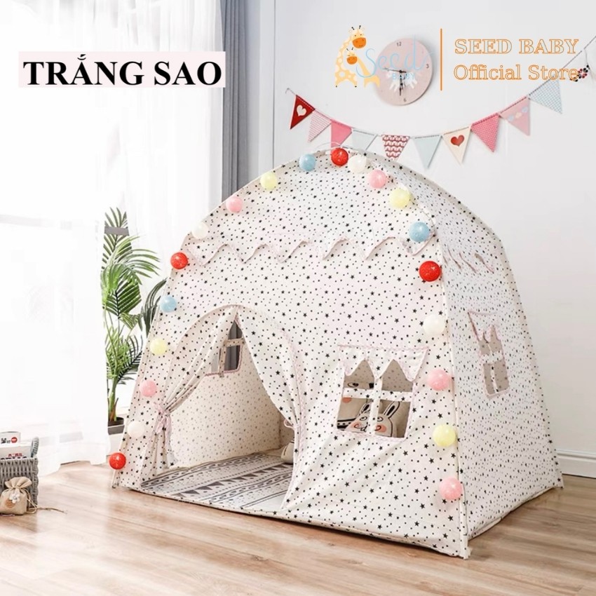 Lều ngôi nhà cho bé vải lanh cotton thoáng mát, an toàn cho trẻ tặng kèm dây đèn 20 bóng (không kèm thảm) - Seed Baby