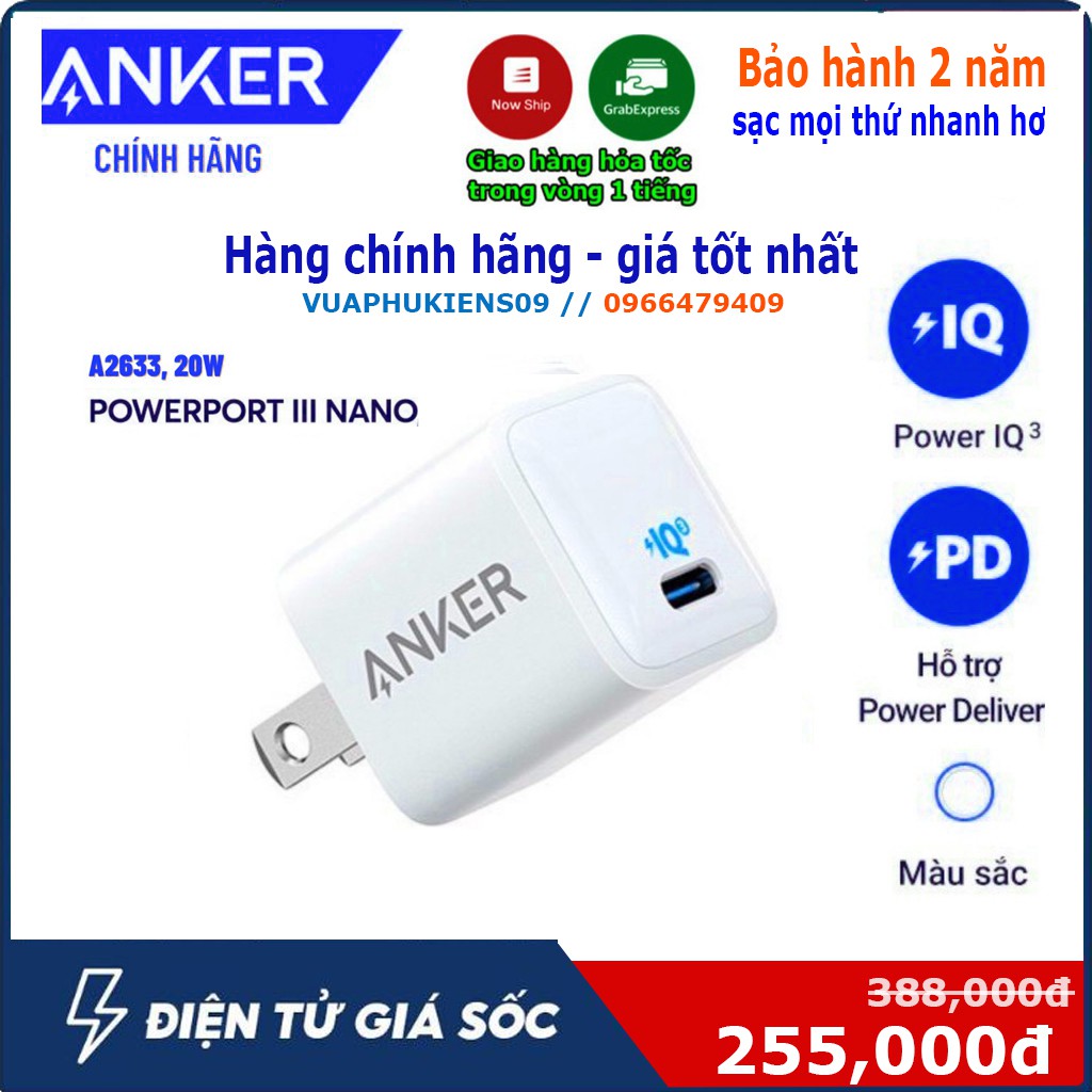 Sạc anker a2633 PowerPort III Nano 1 cổng USB-C PiQ 3.0 cho Samsung IPad IPhone X XS XR 11 12