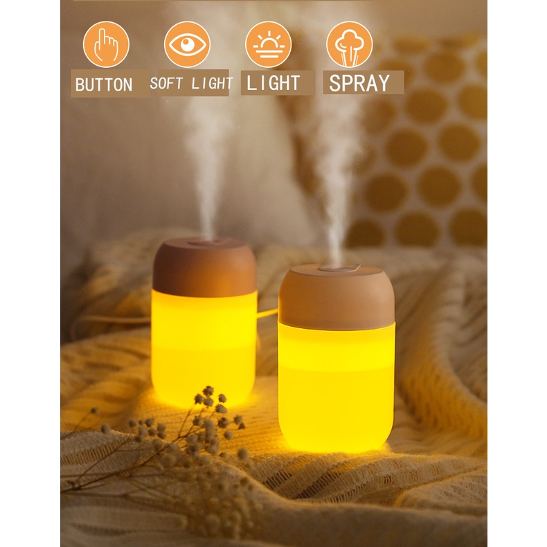Máy Phun Sương Tạo Độ Ẩm Không Khí 500ml Tích Hợp Đèn LED Mini Cổng Usb