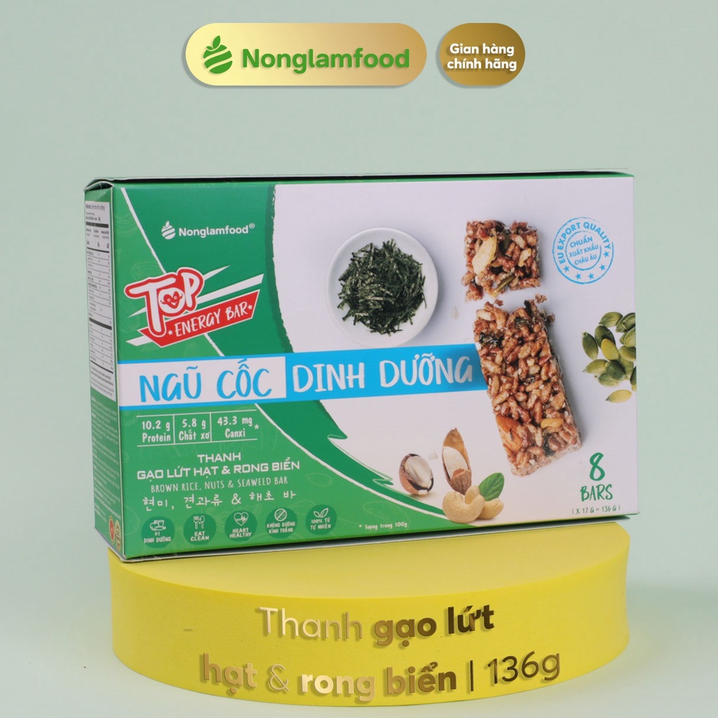 Thanh năng lượng gạo lứt ngũ cốc Hạt và Rong Biển Nonglamfood hộp 8 thanh136g | Ăn kiêng giảm cân, ăn chay thực dưỡng