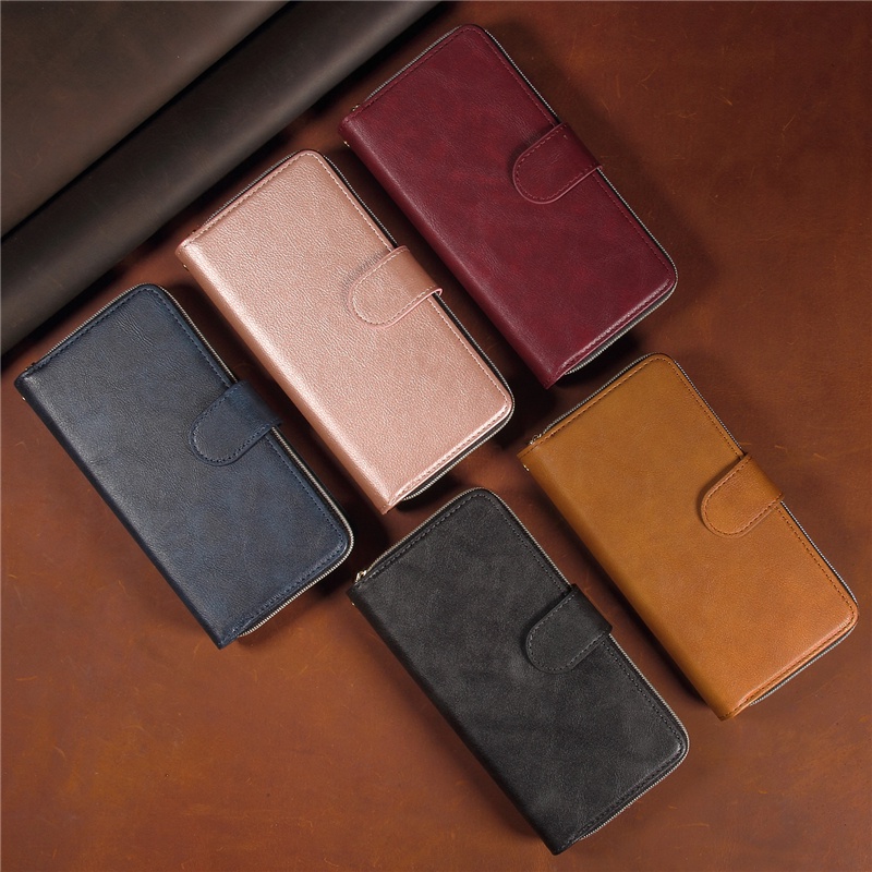 Ốp Điện Thoại Da Kèm Ngăn Đựng Thẻ Có Khóa Kéo Cho Iphone 14 13 12 Mini 11 Pro Max Plus