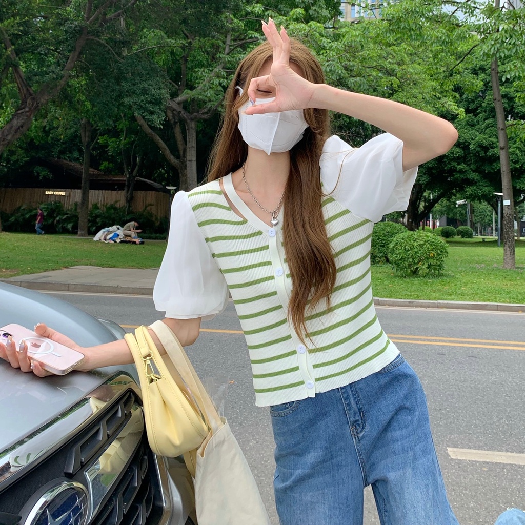 【ZHELIHANGFEI】Áo Thun Tay Phồng Kẻ Sọc Phối Lưới Xinh Xắn Thời Trang Cho Nữ