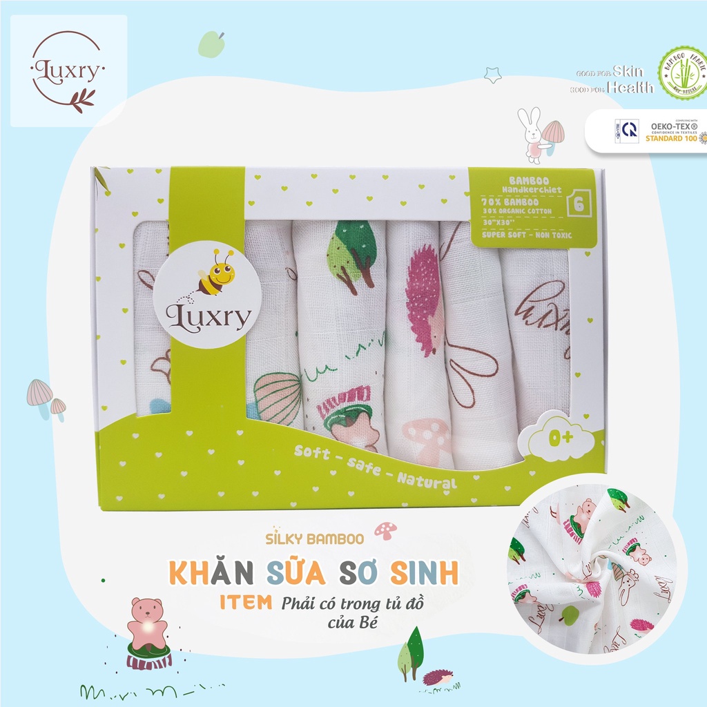 Khăn sữa sợi tre Luxry cho trẻ sơ sinh họa tiết đáng yêu chất vải sợi tre mềm mịn kháng khuẩn