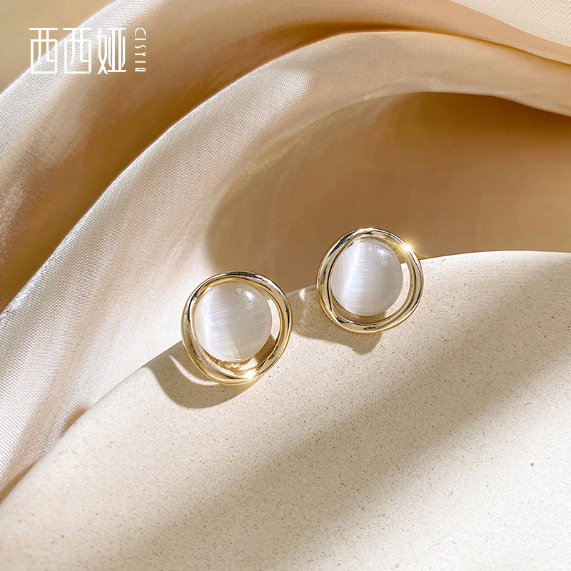 Bông tai bạc 925 đính đá mắt mèo chống dị ứng thời trang
