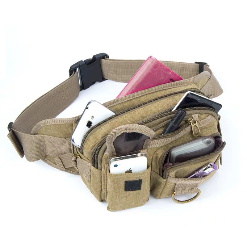 Túi đeo hông, chất liệu vải dày bền chống trầy xước, có nhiều ngăn tiện dụng màu kaki mã 6908