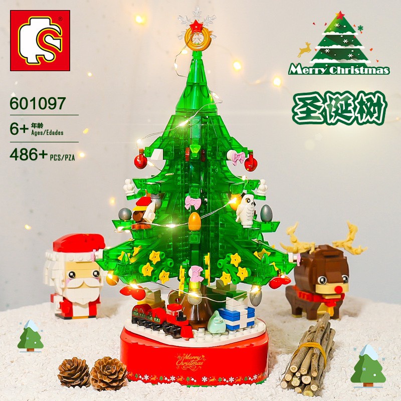 Cây thông lego có đèn và nhạc, xoay khi vặn cót