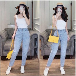 Quần Baggy Jean 💖FREESHIP💖 Quần Bò Nữ Lưng Thun Quần Cạp Cao Màu Xanh Nhạt Thời Trang Đẹp Tôn Dáng