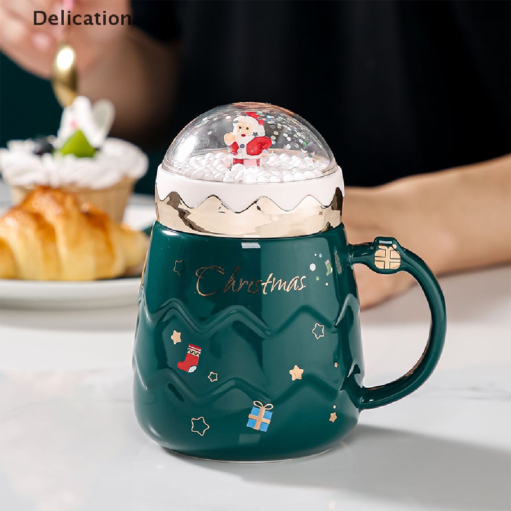 Cốc Uống Nước Bằng Sứ Trong Suốt Có Nắp Đậy In Hình Ông Già Noel Dễ Thương