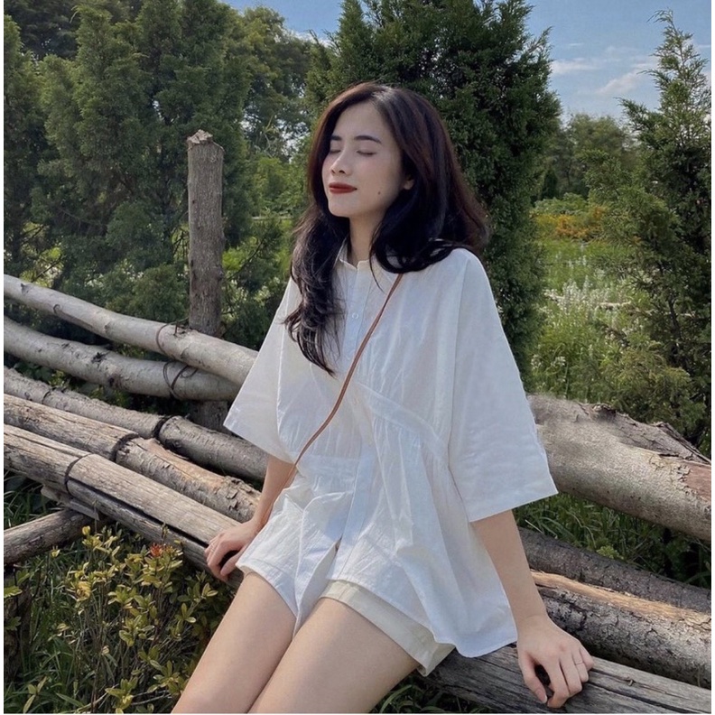 Áo sơ mi cộc tay vạt lệch nhún cách điệu ( Ảnh thật ) | BigBuy360 - bigbuy360.vn