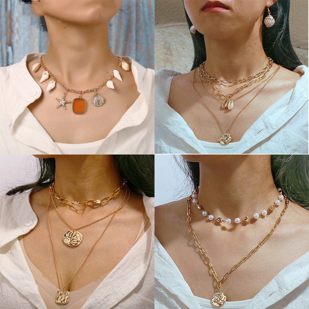 Dây Chuyền Nhiều Lớp Phối Mặt Vỏ Sò/Ngọc Trai Nhân Tạo Độc Đáo Thời Trang Cho Nữ