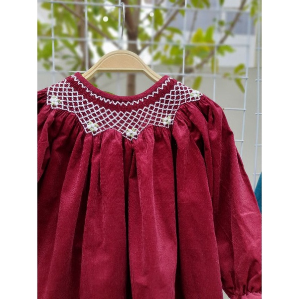 Váy smock nhung tăm 2 màu nâu tím - xanh cổ vịt