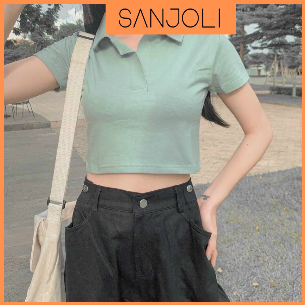 Áo Crt Nữ SANJOLI Croptop Tay Ngắn Cổ Polo Ôm Body Hở Bụng Sexy Cá Tính Đi Chơi  AO018