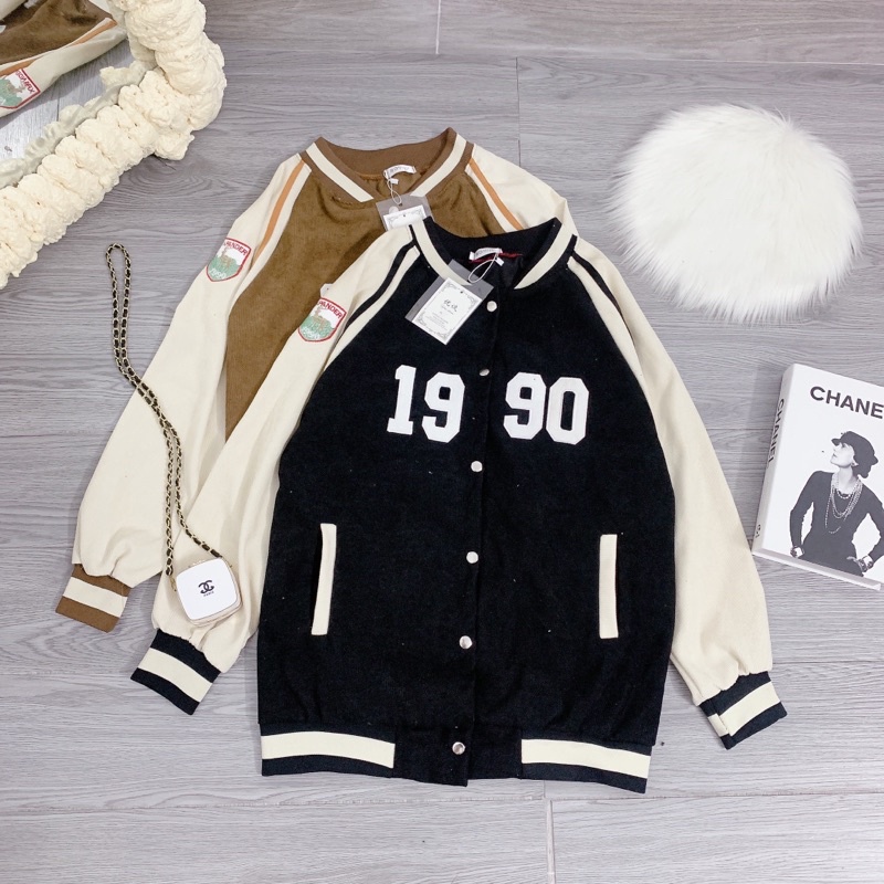 Áo bomber 1990 Áo Khoác Bóng Chày Chất Nhung Tăm Màu Đen Nâu Phối Thể Thao