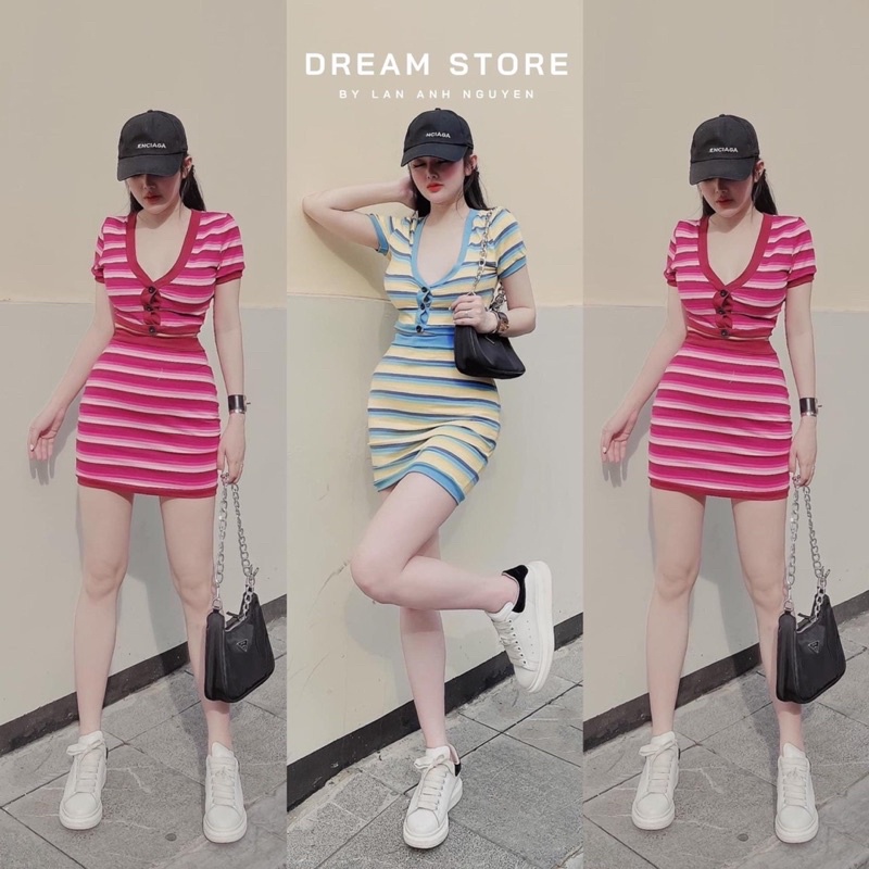 Set áo + váy kẻ sọc cá tính