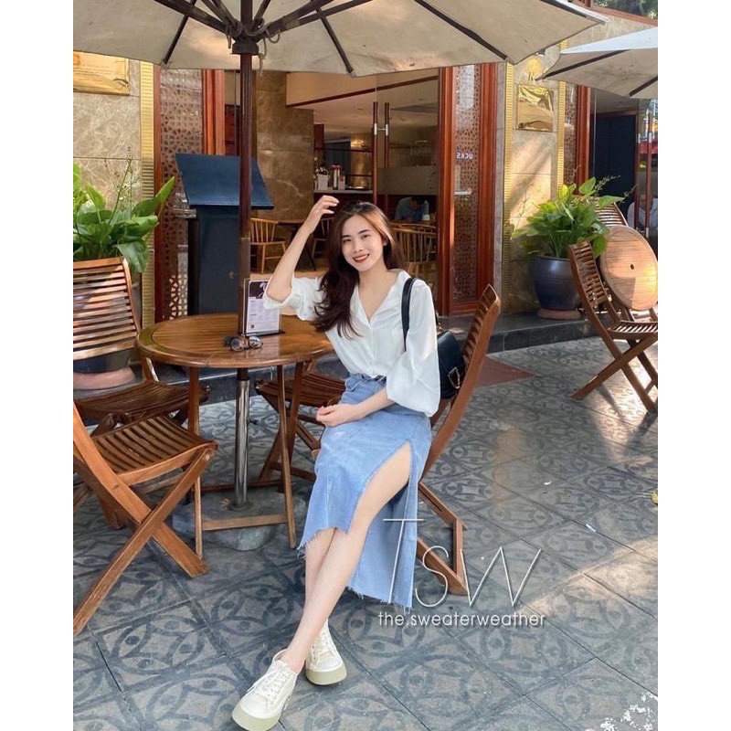 Chân váy midi jeans xẻ hàng thiết kế siêu hot hit | BigBuy360 - bigbuy360.vn