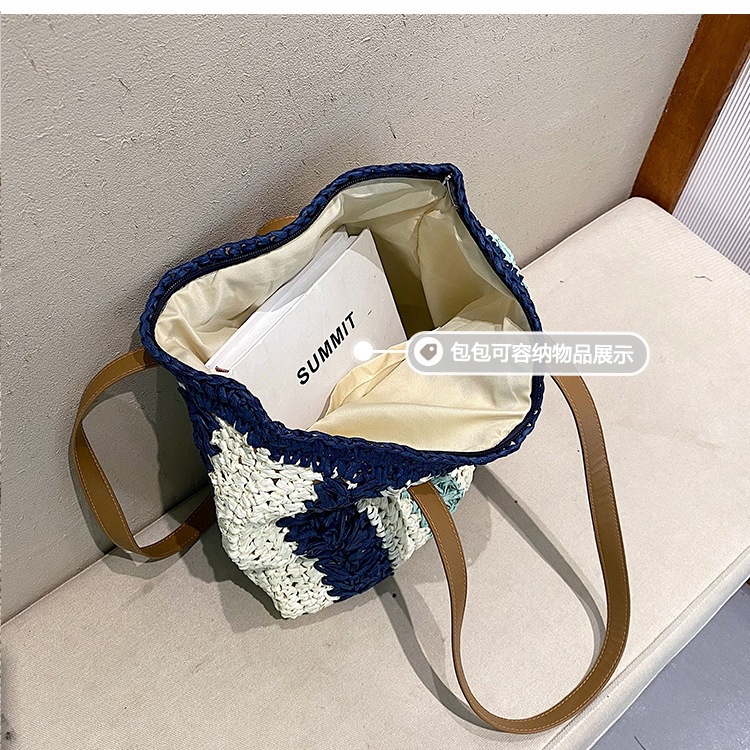 Túi cói Tote vuông Vintage dây da - sọc dọc pha màu (mẫu mới)