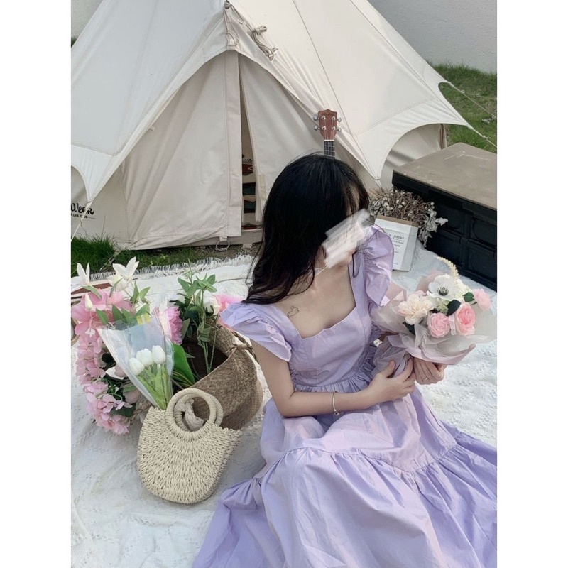 Đầm  Hở Lưng Cột Nơ Sau Màu Tím Pastel Nhẹ Nhàng Dễ Thương