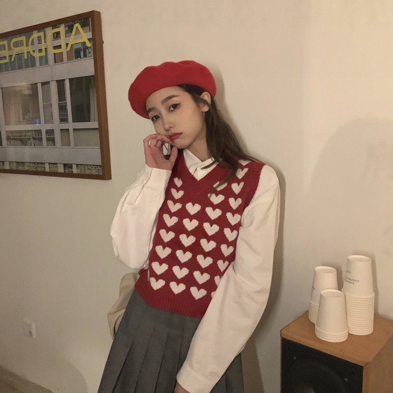 Áo Dệt Kim Sát Nách Cổ Chữ V In Hình Trái Tim Kiểu Retro Hàn Quốc Dễ Phối Đồ Cho Nữ | BigBuy360 - bigbuy360.vn