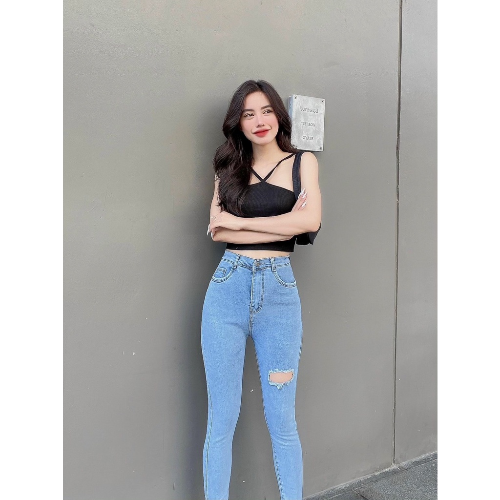 Quần jean nữ lưng cao, ôm dáng rách gối cá tính QD004 - K.A Jeans