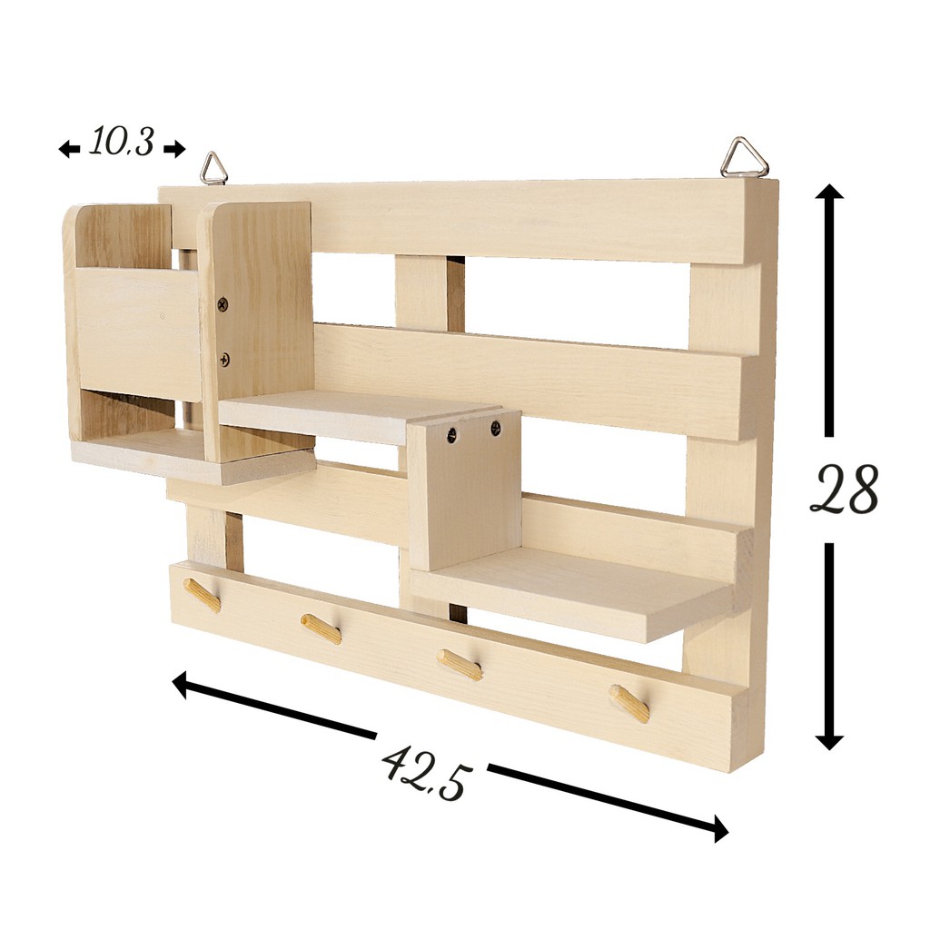 Kệ gỗ treo tường đa năng có móc khóa - Full bộ lắp ráp kèm tua vít