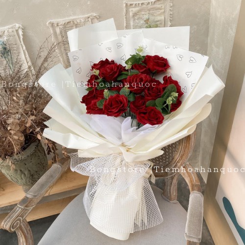 Bó hoa hồng sáp 7 lớp đỏ mận chất liệu cao cấp giống thật làm quà tặng