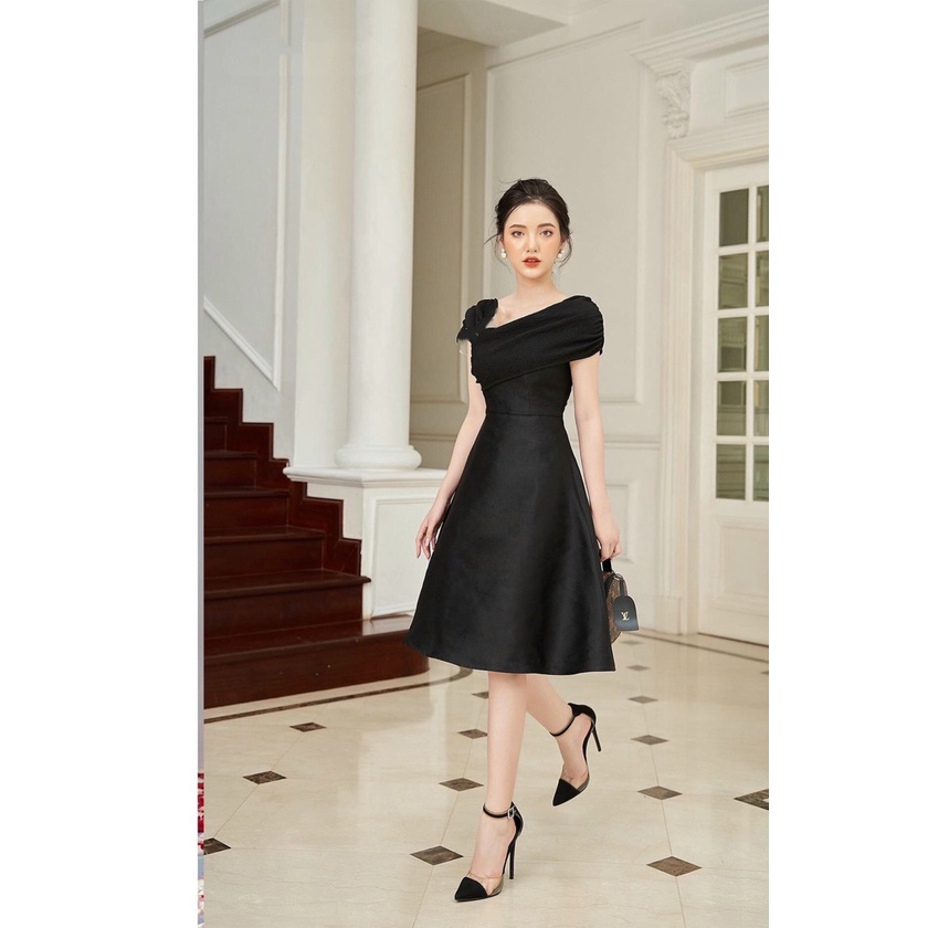 Đầm dự tiệc TANA D0550 đầm lệch vai phối voan phù hợp mặc đi tiệc có 2 màu Đen và Trắng | BigBuy360 - bigbuy360.vn