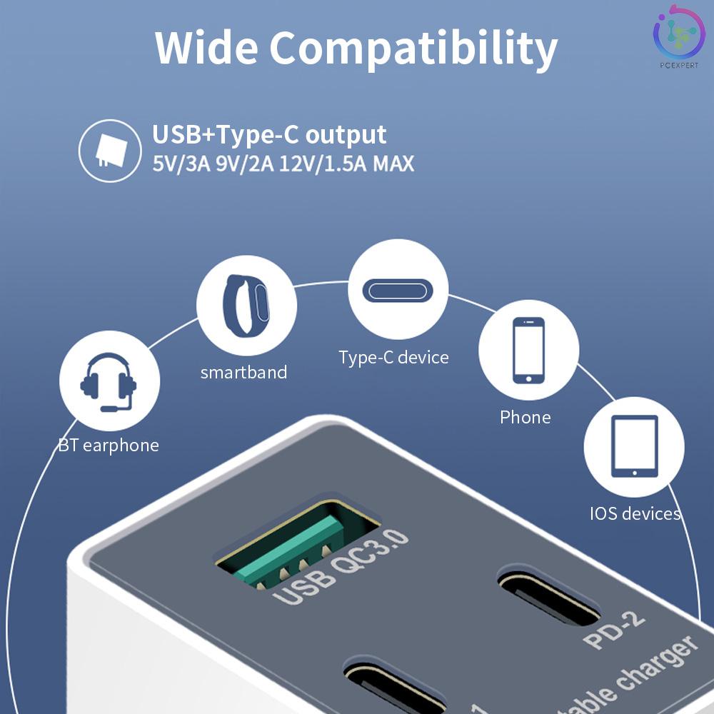 WLX-X3 3 Port USB+Type-C Charger Dual PD+QC3.0 Adapter Quick Charge Portable Charger Head for Tablet/Phone UK Plug