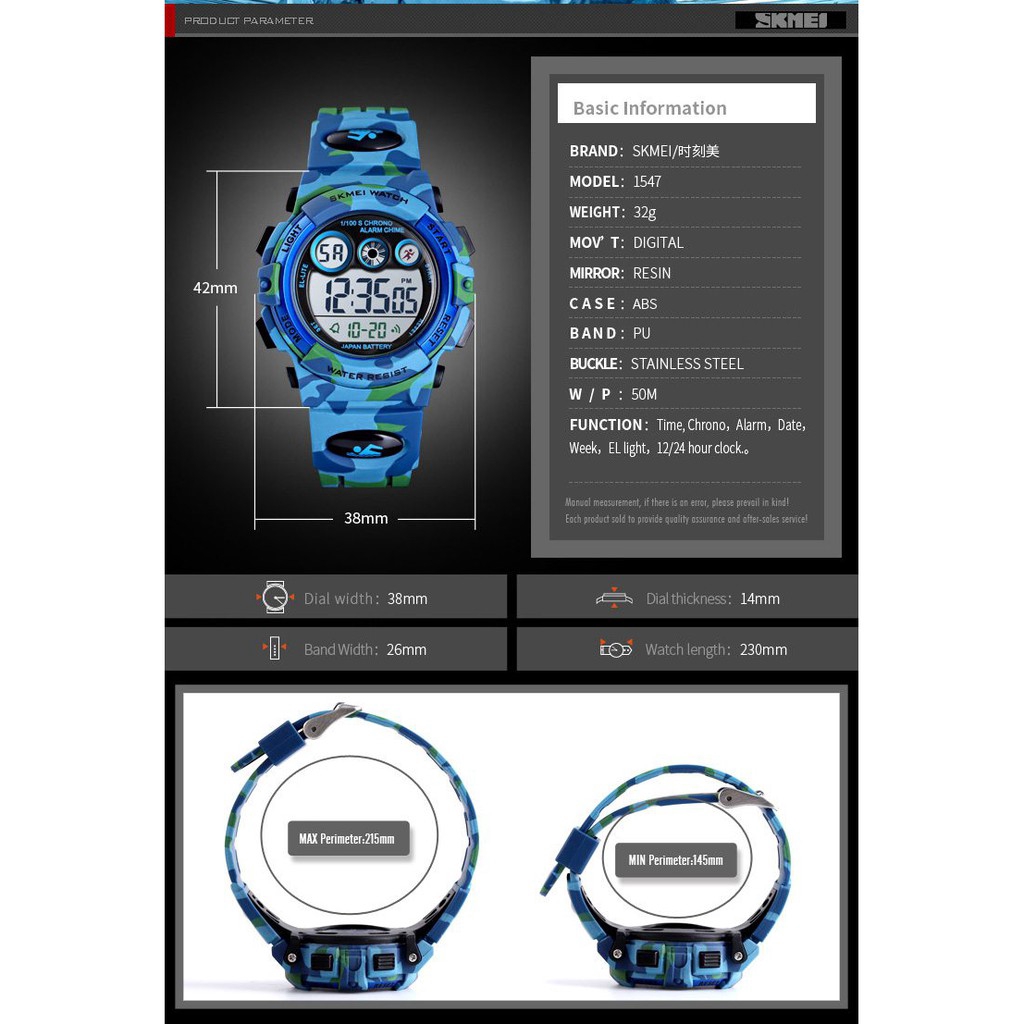 Đồng hồ đeo tay SKMEI 1547 thiết kế mặt số phong cách thể thao chống nước có LED nhiều màu và chức năng báo thức cho trẻ