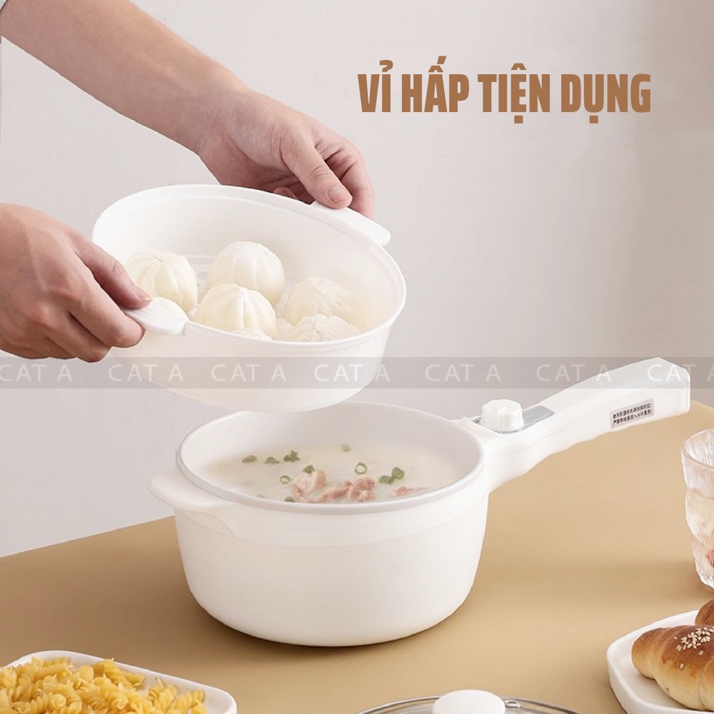 Nồi điện đa năng SHANGHOU mini chống dính có tay cầm - Bếp điện 2 tầng dùng để nấu, hấp, chiên, xào - Công suất 600W