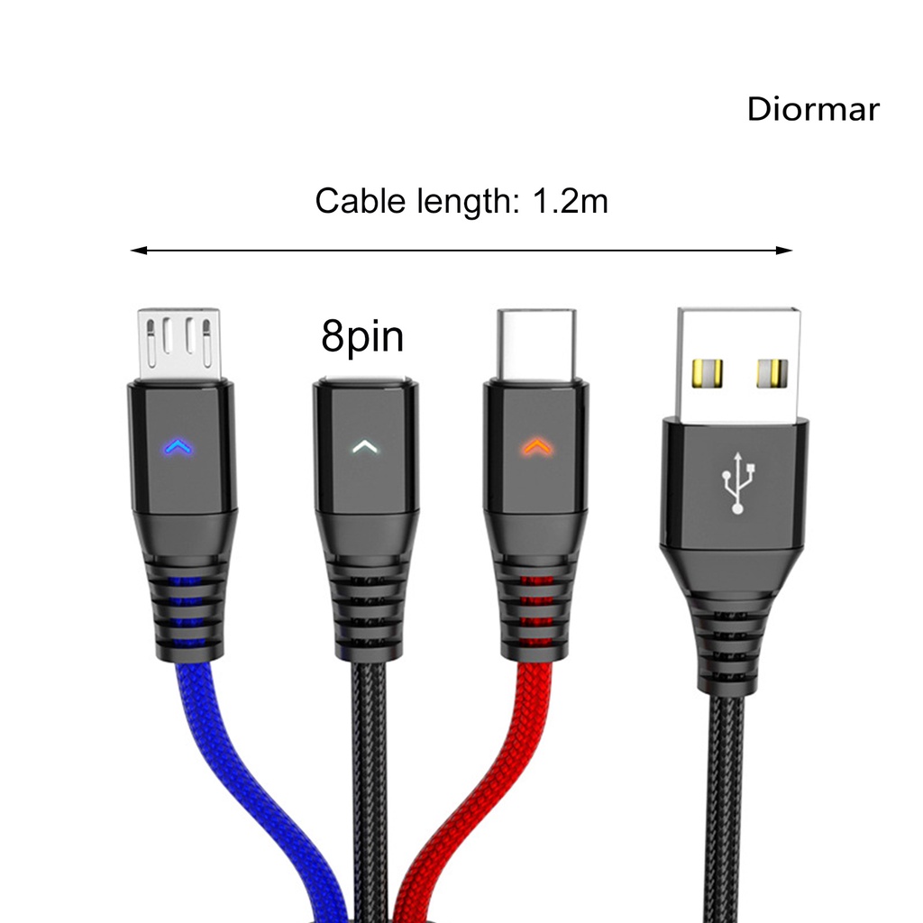Dây cáp sạc nhanh 3 trong 1 8-pin Type-C có đèn báo hiệu tiện lợi cho văn phòng