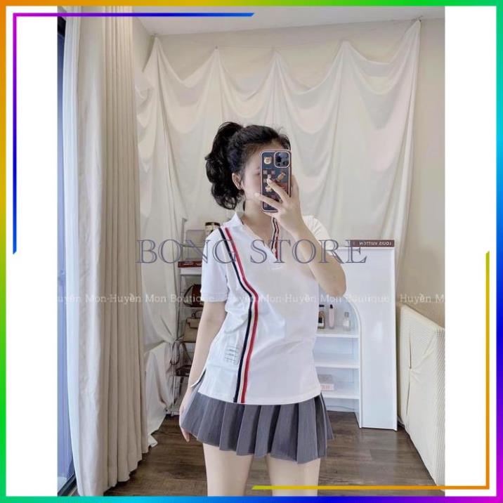 Set đồ nữ, Set chân váy kèm áo polo thom kẻ sọc hàng cao cấp siêu xinh.