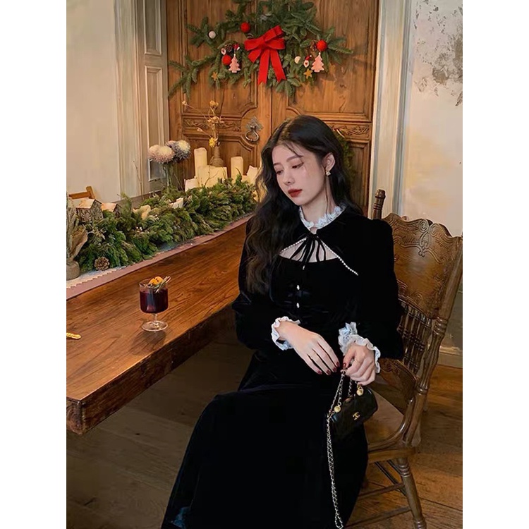 Váy nhung đen cổ tàu phối ren sexy buộc dây Vintage hàng Quảng Châu - Dorita Boutique