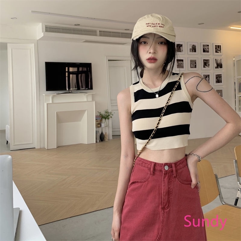 Áo Croptop Dệt Kim Sát Nách Kẻ Sọc Thời Trang Mùa Hè Cho Nữ