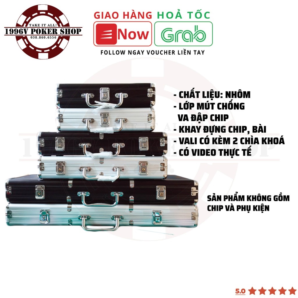 Vali nhôm đựng chip poker, màu xám bạc, đen sức chứa 300 / 500 phỉnh pocker - 1996V Poker Shop