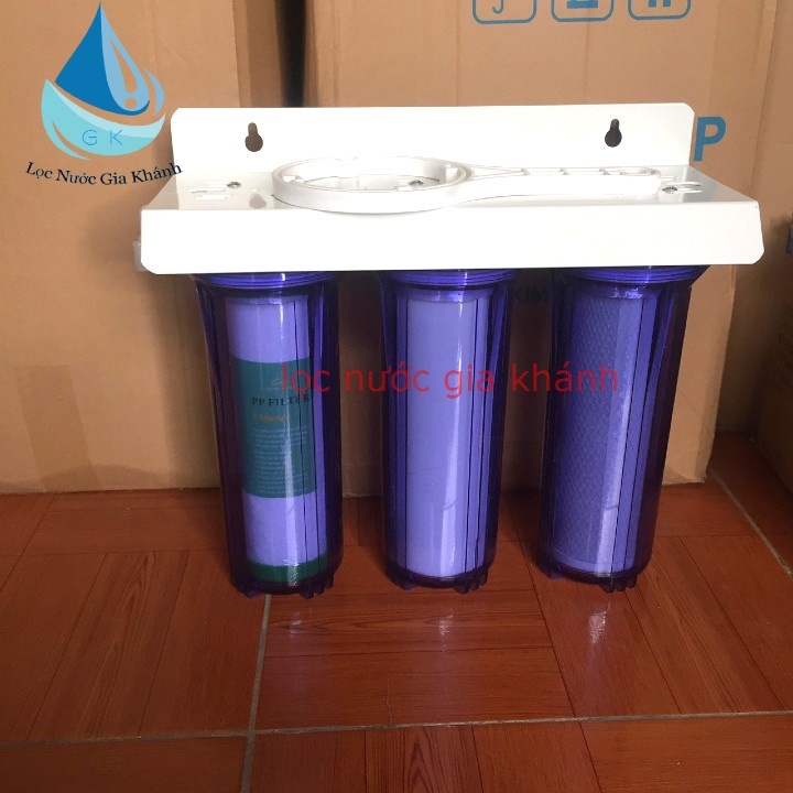 Bộ lọc nước sinh hoạt 3 cấp cốc trong 10 inch - Bộ Lọc Thô 3 Cấp Đầy Đủ Giá Đỡ, Tay Văn, Lõi.