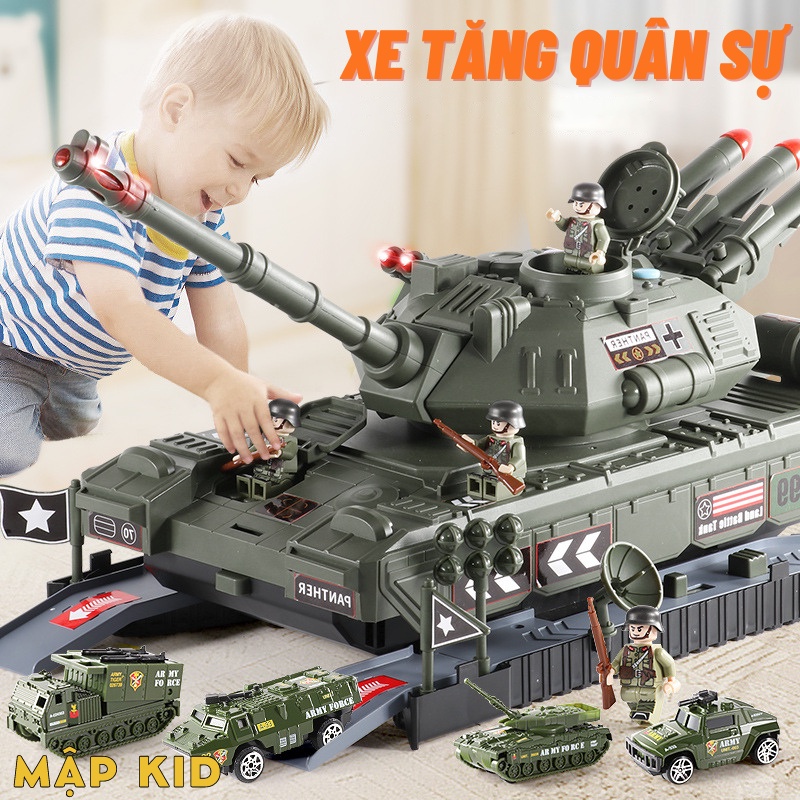 Đồ chơi xe tăng kèm 4 xe quân sự bằng kim loại có đèn, nhạc, thanh trượt và 21 chi tiết kèm theo siêu ngầu