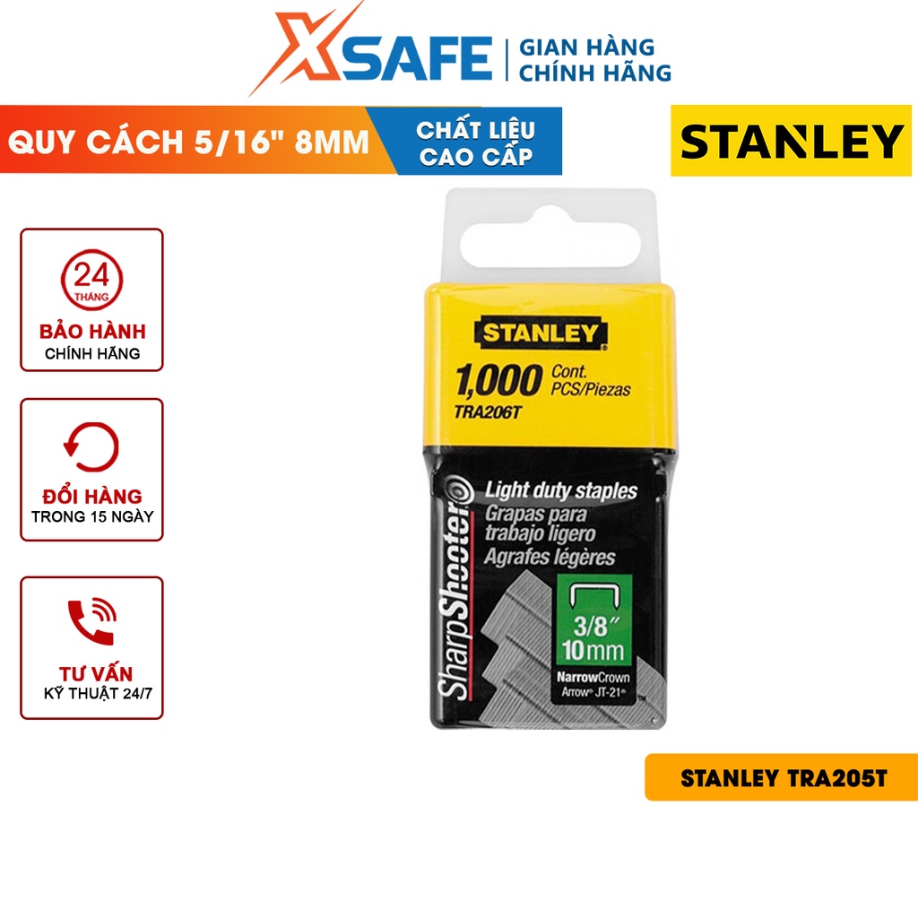 Kim bấm ghim 5/16 inch STANLEY TRA205T 8mm Kim dập ghim hợp kim thép cứng cấp không gỉ, chữ U thông dụng, 1000 chi tiết