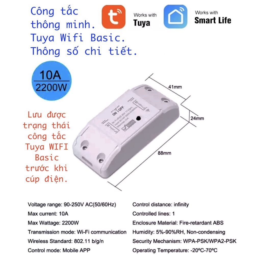 [BẢN QUỐC TẾ]Tuya Basic, Công Tắc Thông Minh Wifi Hẹn Giờ Điều Khiển Từ Xa Tuya Basic 2200W Bản Quốc Tế 2021