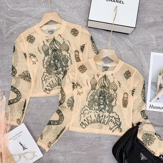 Áo croptop dài tay lưới in " tha thu"  body mẫu mới cực hot (kèm ảnh thật)