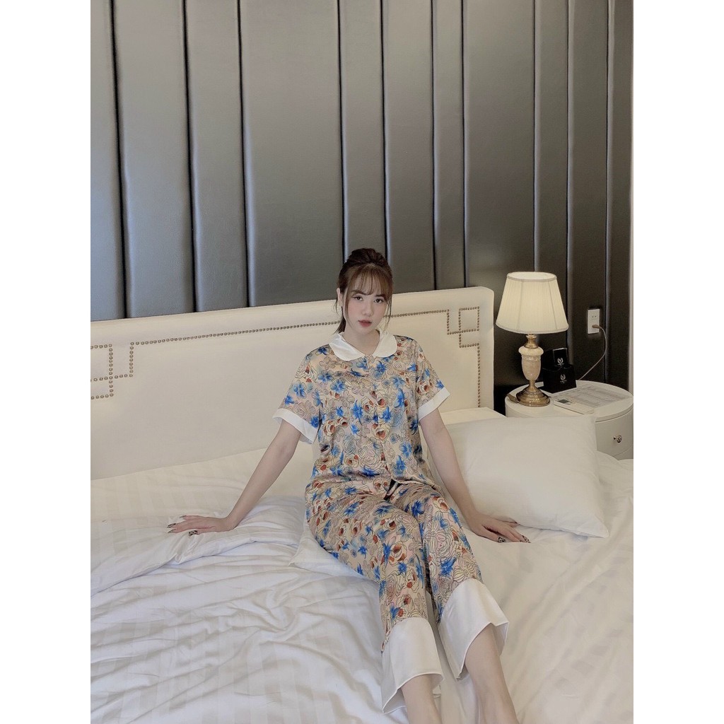 Pyjama mặc nhà lụa Satin tay ngắn tiểu thư mềm mại Form dưới 60 kí | BigBuy360 - bigbuy360.vn