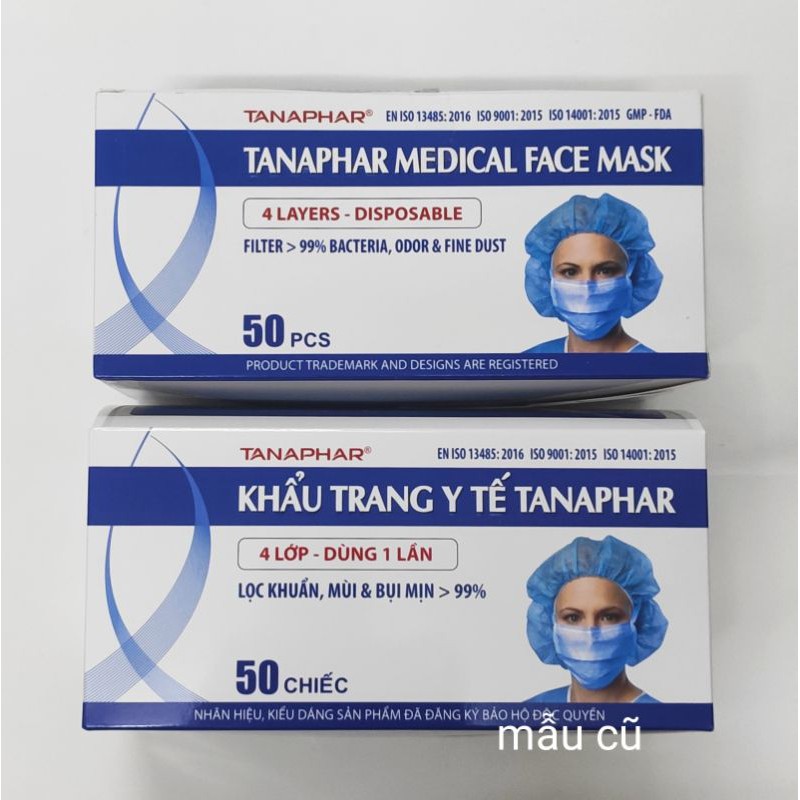 Khẩu trang y tế Tanaphar 4 lớp kháng khuẩn, hộp 50 chiếc