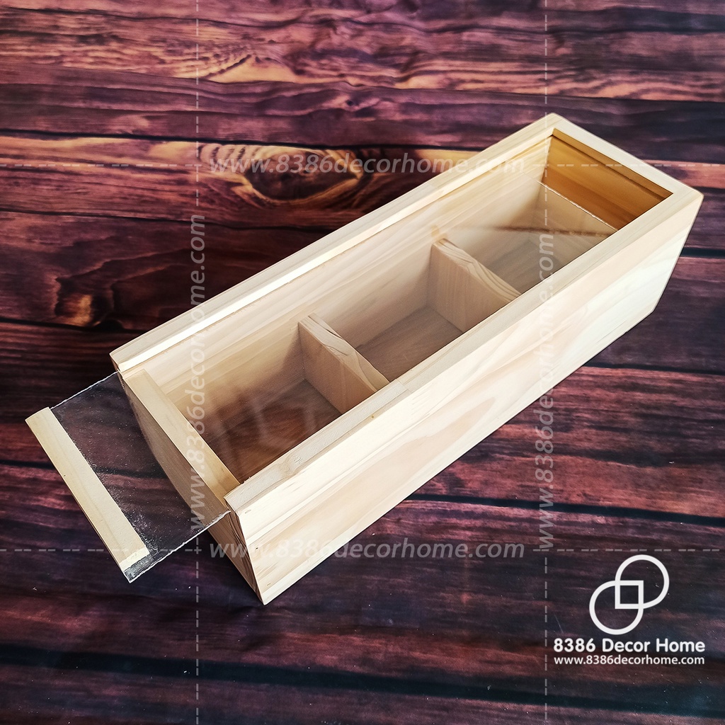 Khay gói quà bằng gỗ pallet/ hộp gỗ 3 ngăn đựng quà tết mặt mica trong suốt (nhận kích thước theo yêu cầu)