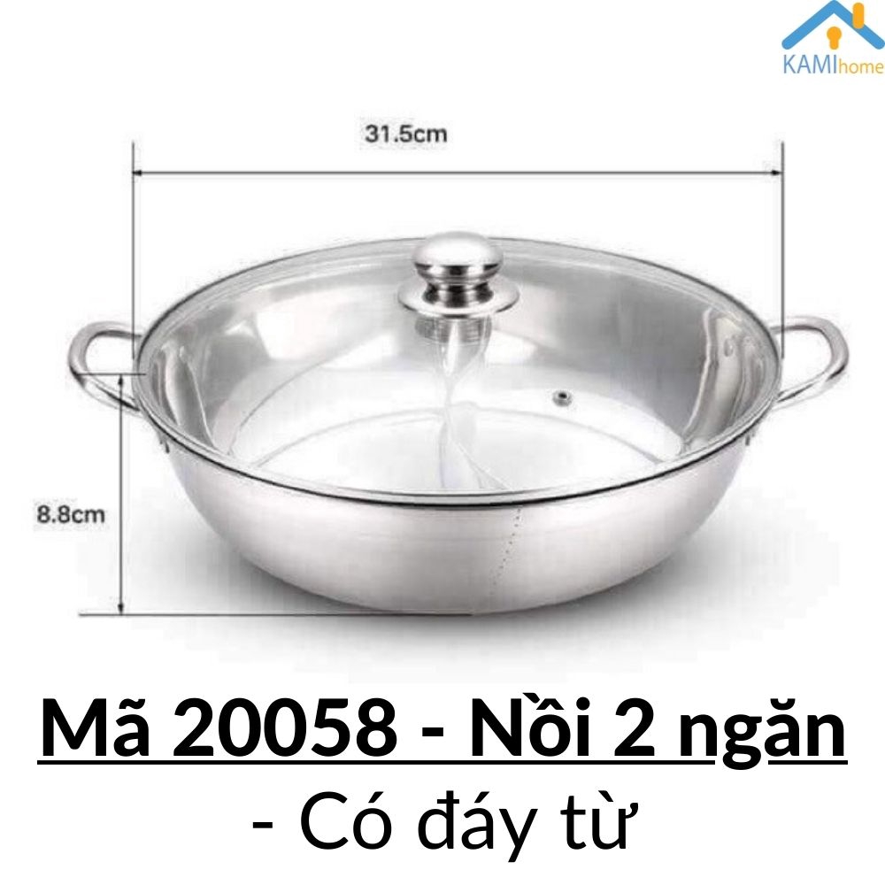 Nồi lẩu Inox Đáy từ 2 ngăn Nắp kính cao cấp mã 20058