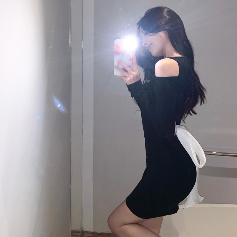 Đầm Tay Dài Hở Vai Thắt Nơ Lưng Thời Trang Hàn Quốc Gợi Cảm Cho Nữ